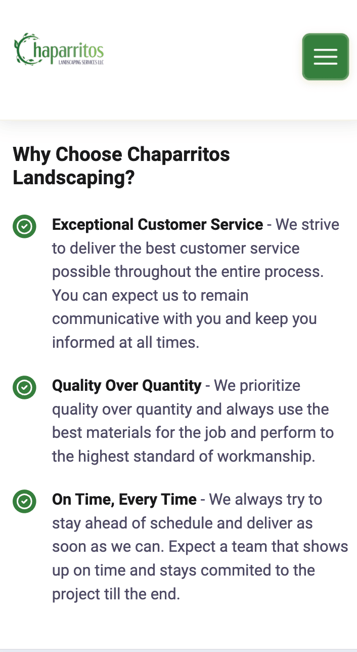 Chaparritos Landscaping Services website shown on a phone